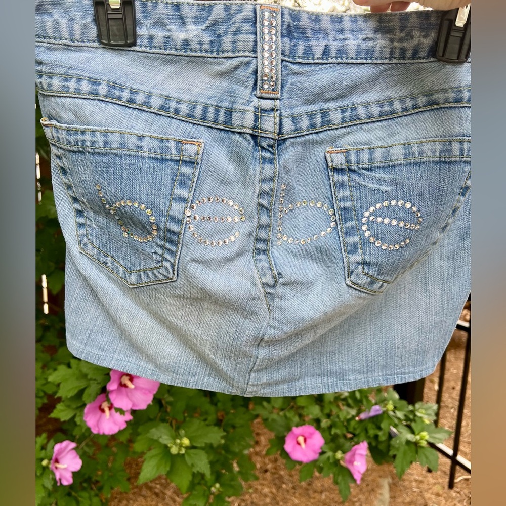 Vintage Y2K BEBE mini LOW-RISE butt logo Jean skirt denim crystals bling 29